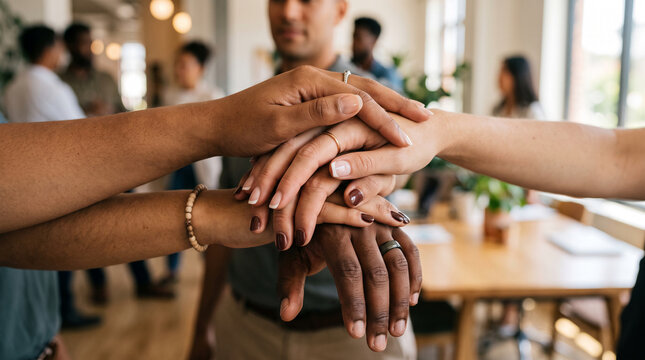 Diverse hands stacked together, symbolizing unity, teamwork, and collective effort in a collaborative business environment