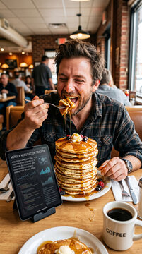 Man joyfully eating a tall stack of pancakes dripping with syrup, a tablet displaying business charts nearby, symbolizing indulgence and work-life balance