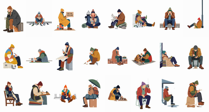 Set of Various Homeless People Illustrations Depicting Urban Poverty and Social Challenges on a White Background