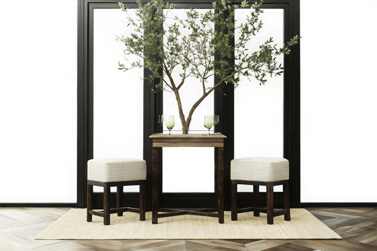 Small wooden table with two stools and a tree with green leaves and two glasses on a white background