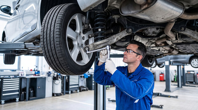 Male mechanic in blue uniform and glasses working on car undercarriage on lift, representative of automotive service and repair