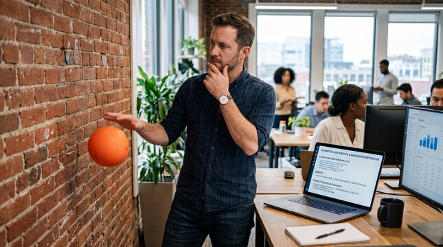 Man with an orange ball against a brick wall in an office, symbolizing creativity, brainstorming, and interactive work, suggesting innovation.