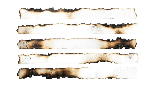 Set of burnt paper strips with charred edges isolated on transparent background