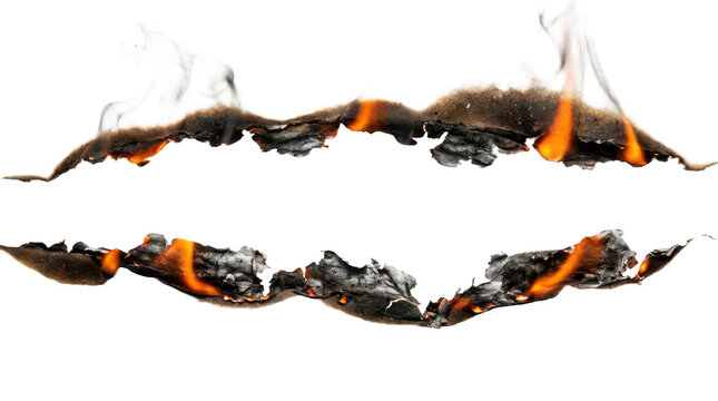Burning paper strip with flames, smoke and ash isolated on transparent background