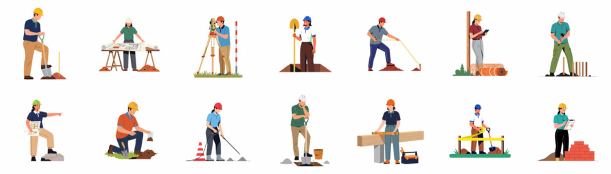 Set of flat vector illustrations of diverse construction workers, engineers, and manual laborers performing various building and renovation tasks on a white background.