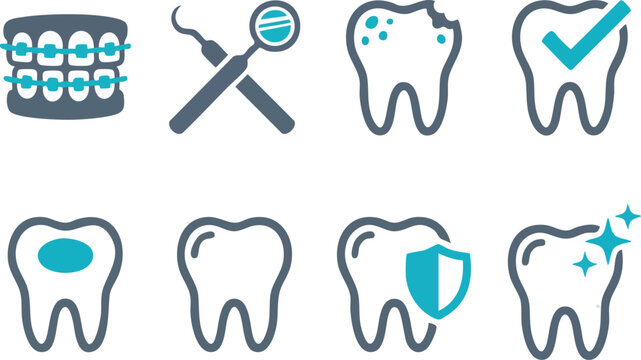 Dental care icons depict teeth tools and oral health treatments