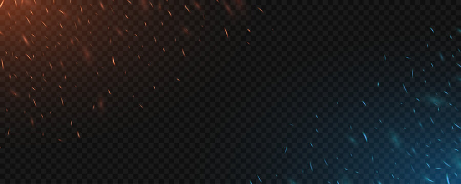 Abstract glowing blue and orange fire sparks with soft light effect on a dark transparent background. Burning particles for gaming design, fantasy scenes or dramatic scenes. Vector illustration.