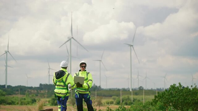 Engineers wearing safety helmets and jackets inspecting a wind turbine at wind farm at sunset. Concept renewable energy, sustainable technology wind power maintenance and environmental engineering.