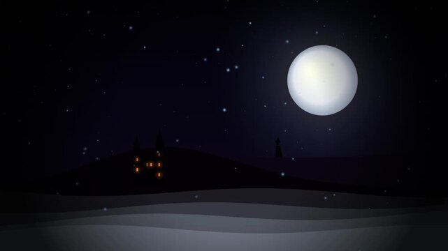 Flat design snowy winter forest scene with glowing house lights and full moon at night