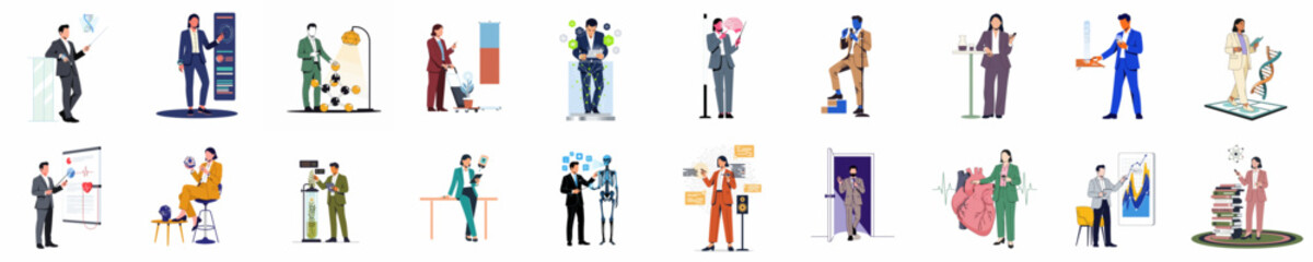 Fototapeta premium Large collection of isometric business and technology illustrations featuring people, robots, AI, and modern digital concepts for professional presentations and web design.