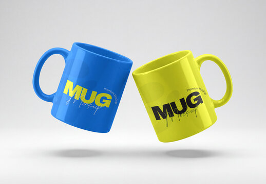 Blue and Yellow Mug Mockup Floating on White Background