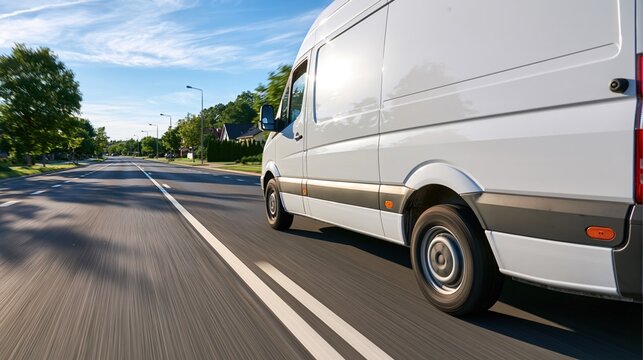 White cargo van driving on an open road with motion blur effect on a sunny day
