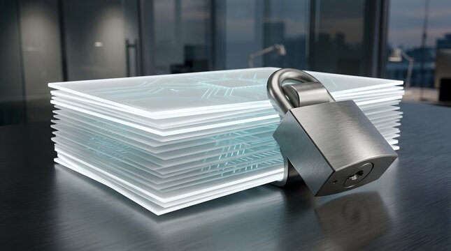 Metal padlock securing a stack of glowing digital data sheets on an office desk, illustrating cybersecurity, document protection, and information privacy in a modern corporate environment.