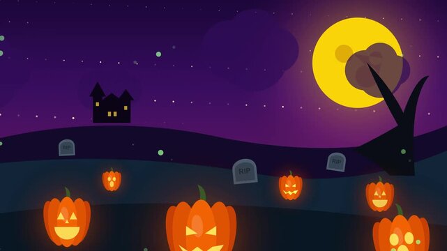 Spooky Halloween Night Scene With Jack O Lanterns.