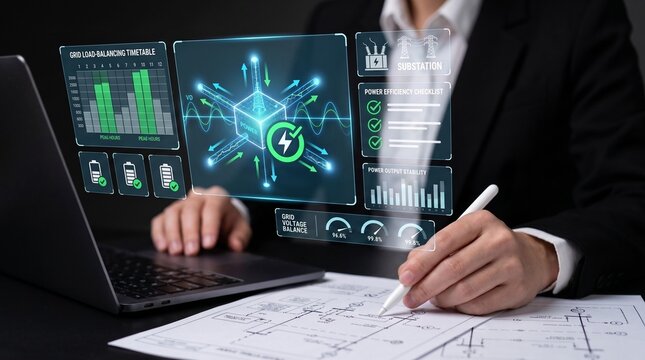 smart grid energy management. automated power load balancing solution. electrical substation efficiency monitoring. engineer using laptop and stylus to inspect grid voltage metrics.