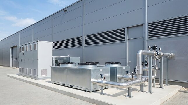 Exterior view of a contemporary industrial building featuring sophisticated HVAC and electrical control units, essential for efficient climate management and operational power