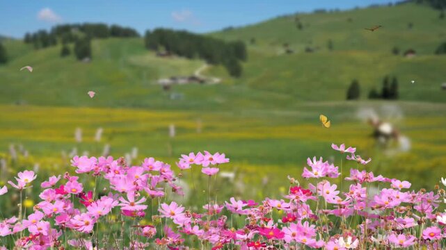 The arrival of spring season, people coming and going amidst cherry blossoms in full bloom. A row of cherry trees in full bloom. Cherry blossoms are fluttering in the soft breeze. Cherry Blossom Petal
