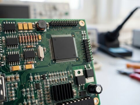 Close-up of a complex electronic circuit board with intricate components