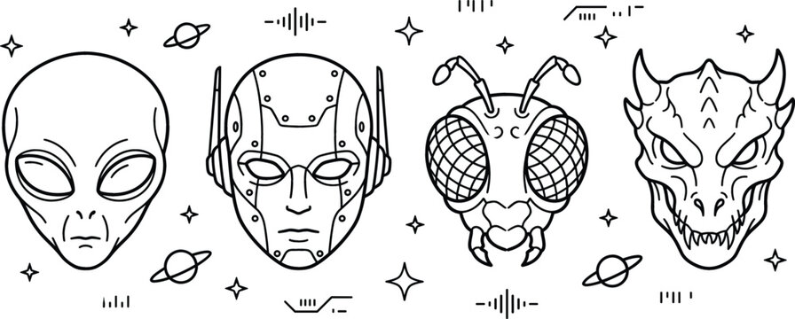 Futuristic sci fi alien head line art vector icon set featuring extraterrestrial cyborg insectoid and dragon monster characters