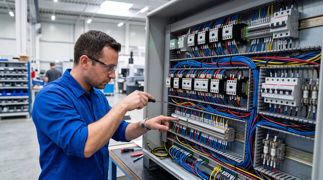Electrician works on industrial control panel, representative of technology, industry, and skilled labor, showcasing intricate wiring and components