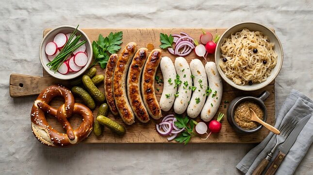 German bratwurst platter with pretzel sauerkraut and pickles on wood