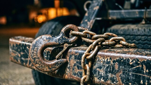 Rusty tow hitch with hook and heavy chain on trailer showing worn industrial towing equipment