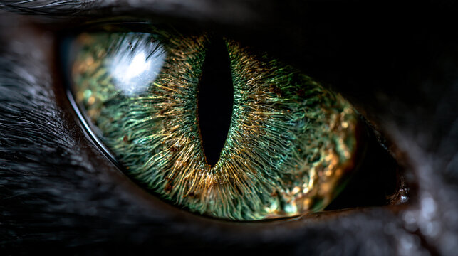 extreme macro closeup of a cat eye with textured green gold iris, detailed feline eye with radial iris pattern and vertical pupil