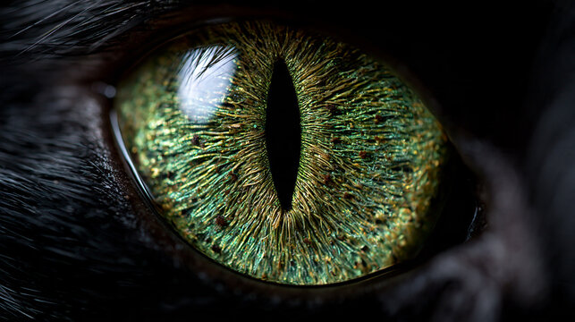 extreme macro closeup of a cat eye with textured green gold iris, detailed feline eye with radial iris pattern and vertical pupil