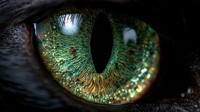 extreme macro closeup of a cat eye with textured green gold iris, detailed feline eye with radial iris pattern and vertical pupil