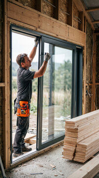Worker installing a large sliding glass door in a wooden frame, showcasing construction, home improvement, and building.