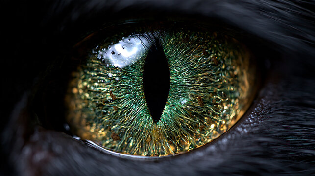 extreme macro closeup of a cat eye with textured green gold iris, detailed feline eye with radial iris pattern and vertical pupil