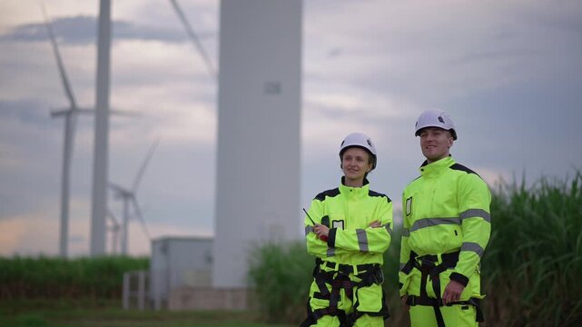 Engineers wearing safety helmets and jackets inspecting a wind turbine at wind farm at sunset. Concept renewable energy, sustainable technology wind power maintenance and environmental engineering.