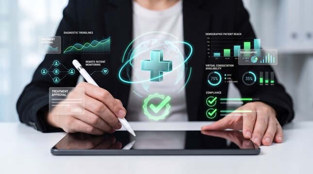 healthcare management and digital medical dashboard concept showing professional analyzing patient data with diagnostic trendlines, remote monitoring, and treatment approval interface on tablet.