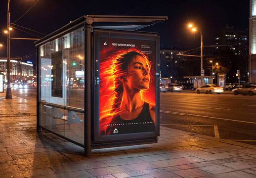 Realistic Bus Shelter Lightbox Poster Mockup