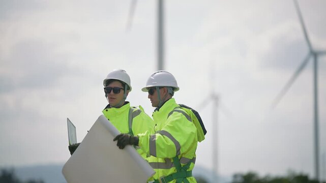 Engineers wearing safety helmets and jackets inspecting a wind turbine at wind farm at sunset. Concept renewable energy, sustainable technology wind power maintenance and environmental engineering.