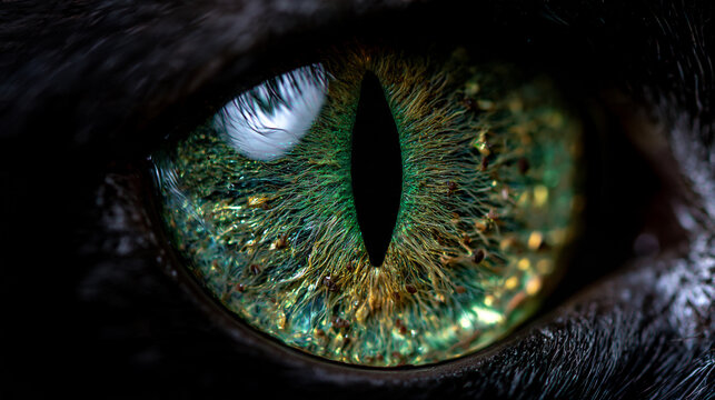 extreme macro closeup of a cat eye with textured green gold iris, detailed feline eye with radial iris pattern and vertical pupil