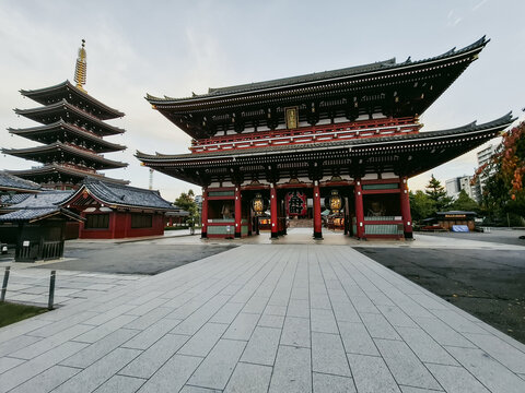 Tokyo, Tokyo, Japan - 02 November 2025: View of the Hozomon Gate and the five-story pagoda at Senso-ji Temple.