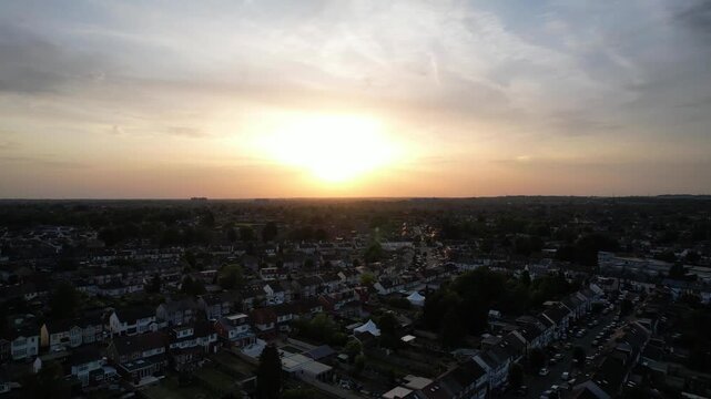 Ultra Wide Aerial View of Residential District of Luton City After Sunset Night with Clear Dark Sky. Drone Flight Above Urban City Streets of British City and Town of England Great Britain. 