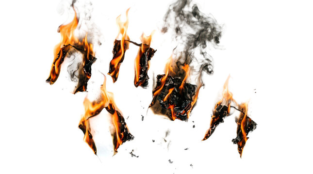 Collection of burning paper fragments with bright flames isolated on transparent background