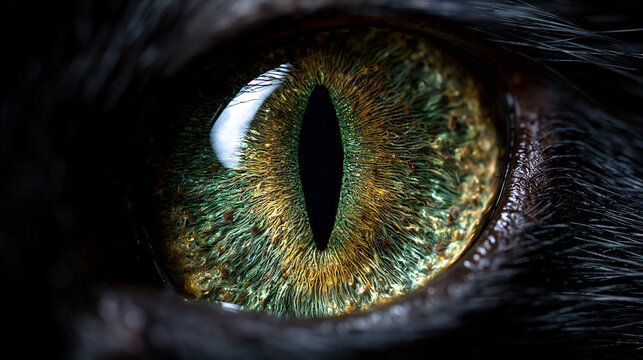 extreme macro closeup of a cat eye with textured green gold iris, detailed feline eye with radial iris pattern and vertical pupil