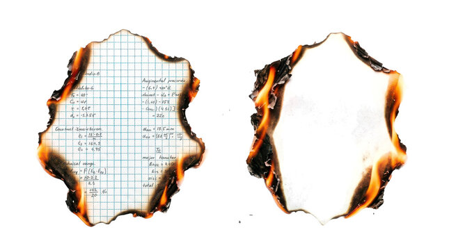 Set of burned papers with equations isolated on transparent background
