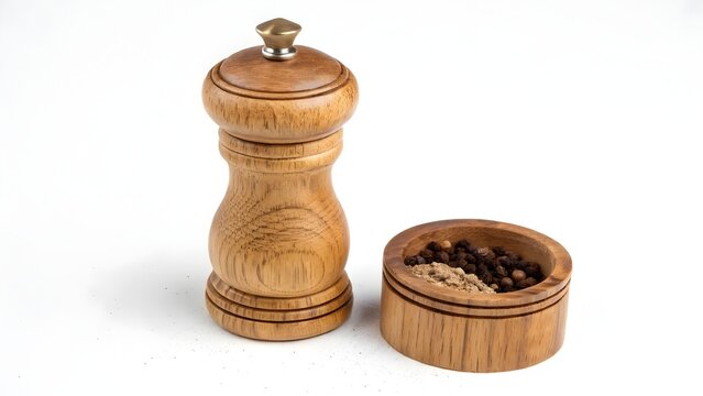 Wooden pepper grinder stands beside a small bowl filled with mixed peppercorns on a white background.