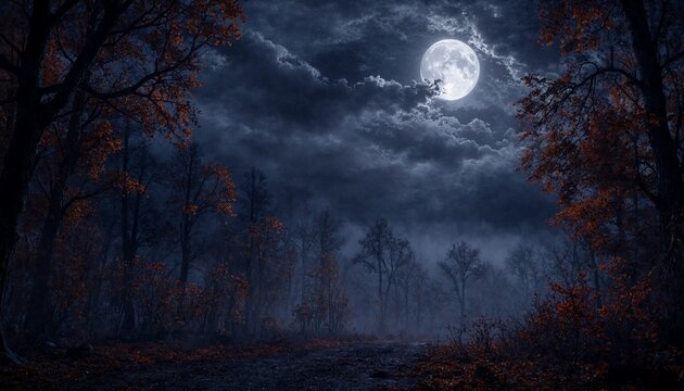 Full moon shining over a dark mysterious autumn forest with misty atmosphere