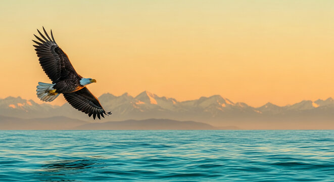 Bald eagle soaring over ocean at sunset with snow-capped mountains in background, symbolizing freedom, power, and wild nature