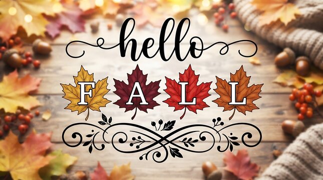 Hello fall autumn season background with colorful leaves and cozy decor