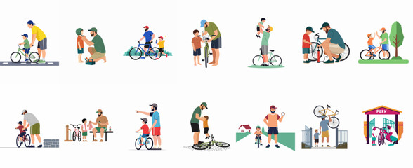 Fototapeta premium Collection of illustrations showing fathers teaching their children how to ride bicycles and bonding over cycling activities in a flat vector style.
