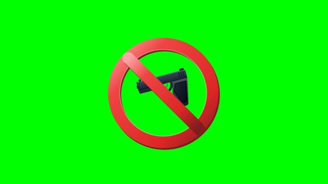 Motion graphic where a highly detailed dark grey handgun appears, followed by a prohibition sign stamping from the front. Optimized for clean green screen without shadows.