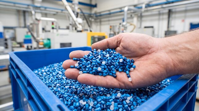 Male hand holding blue plastic resin pellets inside industrial factory.