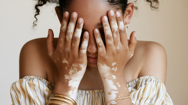 a young woman covering her face with both hands, irregular white vitiligo patches clearly visible across her fingers, hands, wrists and forearms against