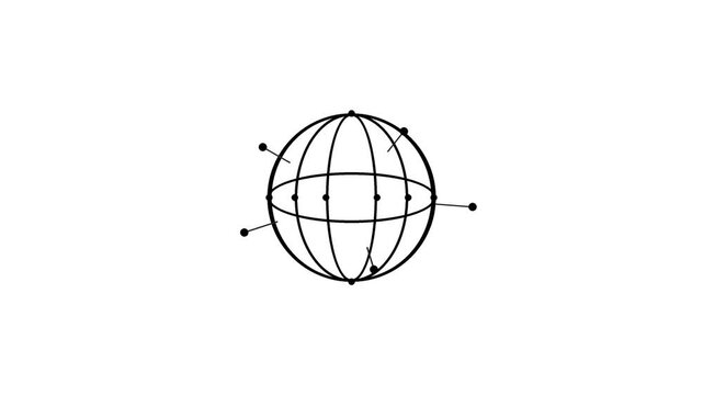 A black and white diagram illustrating a sphere with grid lines and external points in a coordinate system.